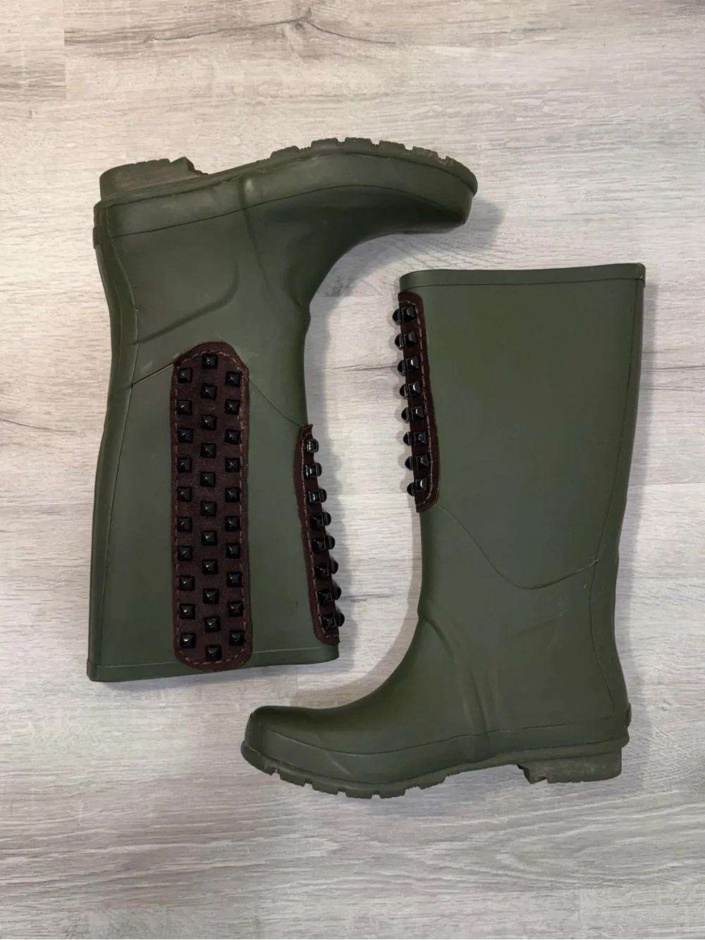 BCBGMaxAzria Dark Olive Green Studded Tall Rain Boots Size 9